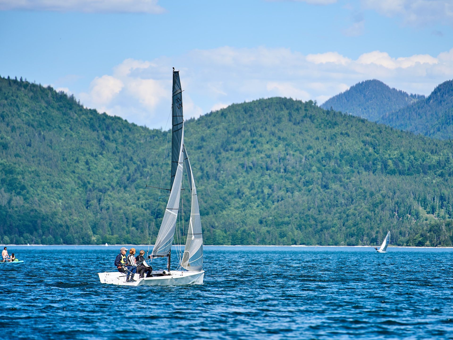 Sailing boat on Lake Walchensee against a mountain panorama